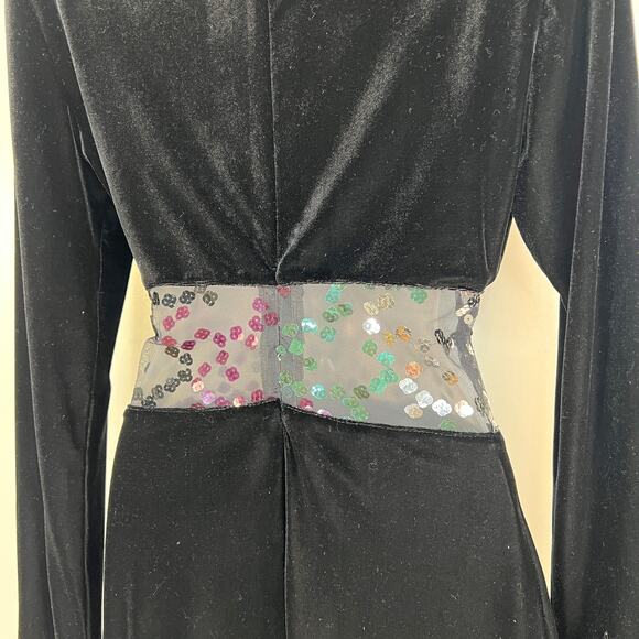 Vintage 80s Gantos Velvet Stretch Mini Dress Sequin Mesh Cut Out Midriff - Picture 6 of 7